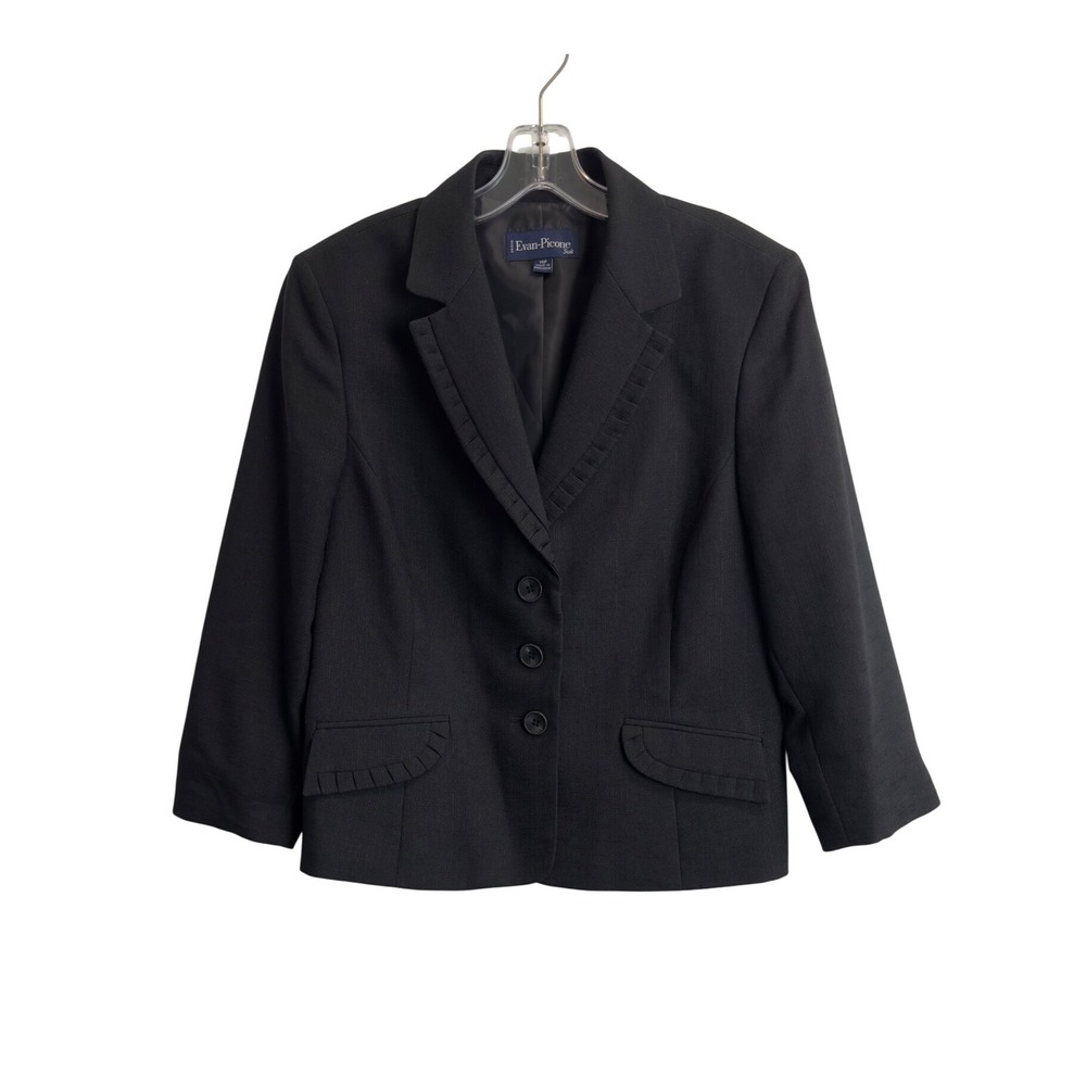 Evan-Picone Black‎ Textured Ruffle Trim Blazer Jacket Petite 14P Professional